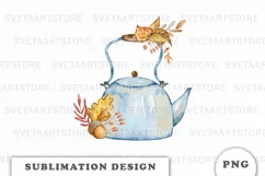 Watercolor Cozy Autumn Teapot sublimation PNG Product Image 1