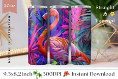 Pink Flamingo Tumbler Wrap, Neon Tropical Leaves Tumbler PNG Product Image 1