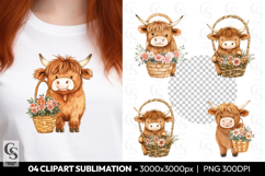 Highland Cow With Flower Basket Clipart Sublimation PNG Product Image 1