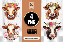 Floral Crown Farm Cow Faces Clipart Sublimation PNG Product Image 1