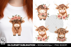 Highland Cow With Rose Crown Clipart Sublimation PNG Product Image 1
