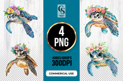 Floral Sea Turtle Clipart Sublimation PNG Product Image 1