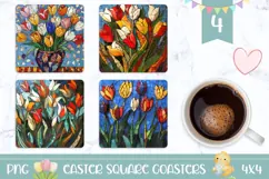 Mosaic Tulips Square Coaster PNG, Mosaic Flowers Sublimation Product Image 1
