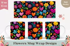 Cartoon Flowers Mug Wrap Design, Love Hearts Mug Sublimation Product Image 1