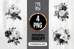 Black White Floral Bouquet Clipart Sublimation PNG Product Image 1