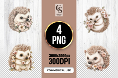 Floral Hedgehog Watercolor Clipart Sublimation PNG Product Image 1
