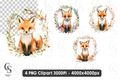 Watercolor Fox with Floral Wreath Woodland Animal Clipart Product Image 1