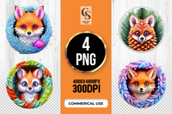 Cute Fox Faces In Floral Wreath Clipart Sublimation PNG Product Image 1