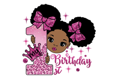 Black Girl 1st Birthday PNG Afro Puffs Pink Glitter Bows Product Image 1