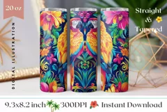 Ara Parrots Tumbler Design, Neon Tropical Flowers Tumbler Product Image 1