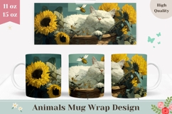 Cat Mug Design, Sunflowers Mug Wrap, Bee Mug PNG Product Image 1