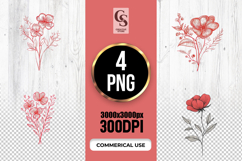 Red Line Art Floral Clipart PNG Product Image 1