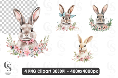 Floral Bunny Clipart Bundle PNG Product Image 1