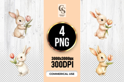 Watercolor Bunny with Tulip Flower Clipart Sublimation PNG Product Image 1