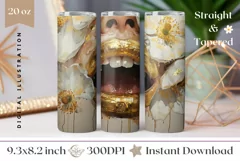 Gold Lips Tumbler Wrap Design, Cute Flowers Tumbler Design Product Image 1