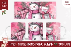 Pink Christmas Snowman Mug, Christmas Presents Mug Design Product Image 1