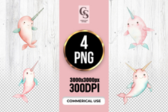 Cute Pink Narwhal Watercolor Clipart Sublimation PNG Product Image 1