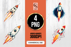 Retro Rocket Ship Watercolor Clipart Sublimation PNG Product Image 1