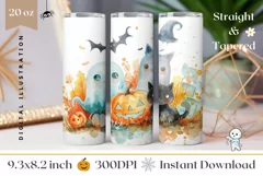 Cartoon Halloween Cat Tumbler Wrap, Halloween Ghosts Tumbler Product Image 1