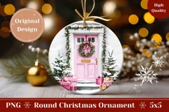 Watercolor Christmas Pink Door Ornament, Winter Sublimation Product Image 1