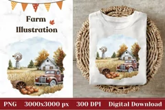 Red Farm Truck Illustration PNG, Watercolor Fall Farm House Product Image 1