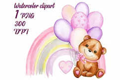 Teddy Bear Pink Balloons Rainbow PNG watercolor animal Clipa Product Image 1