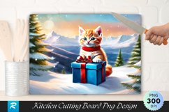 Santa Kitten with Gift and Snowy Mountains Cutting Board PNG Product Image 1
