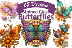 Stained Glass Butterfly and Sunflower PNG Clipart Product Image 1
