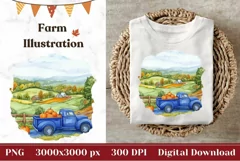 Blue Farm Truck Illustration, Farm Pumpkins Illustration Product Image 1