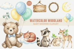 Watercolor Woodland Animals Baby Shower Nursery Clipart Product Image 1