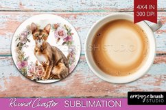 Floral Cat Round Coaster - Flowers Coaster PNG Sublimation Product Image 1