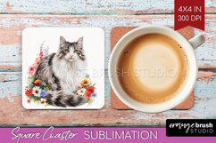Floral Cat Square Coaster - Flowers Coaster PNG Sublimation Product Image 1