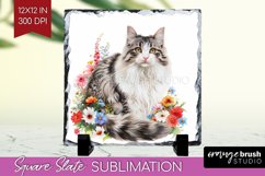 Floral Cat Slate PNG - Flowers Square Slate Sublimation Product Image 1