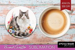 Floral Cat Round Coaster - Flowers Coaster PNG Sublimation Product Image 1