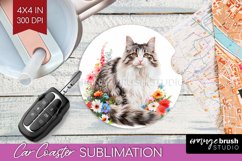 Floral Cat Car Coaster - Flowers Coaster PNG Sublimation Product Image 1