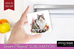 Floral Cat Magnet Sublimation - Flowers Square Magnet PNG Product Image 1