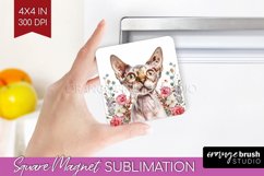 Floral Cat Magnet Sublimation - Flowers Square Magnet PNG Product Image 1
