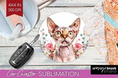 Floral Cat Car Coaster - Flowers Coaster PNG Sublimation Product Image 1