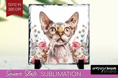 Floral Cat Slate PNG - Flowers Square Slate Sublimation Product Image 1