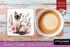 Floral Cat Square Coaster - Flowers Coaster PNG Sublimation Product Image 1