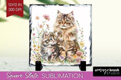 Floral Cat Slate PNG - Flowers Square Slate Sublimation Product Image 1