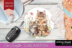 Floral Cat Car Coaster - Flowers Coaster PNG Sublimation Product Image 1