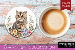 Floral Cat Round Coaster - Flowers Coaster PNG Sublimation Product Image 1