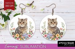 Floral Cat Round Earrings - Flowers PNG Sublimation Product Image 1