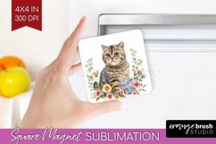 Floral Cat Magnet Sublimation - Flowers Square Magnet PNG Product Image 1