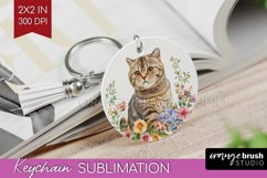 Floral Cat Keychain PNG - Flowers Keychain Sublimation Product Image 1