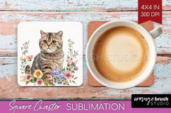 Floral Cat Square Coaster - Flowers Coaster PNG Sublimation Product Image 1