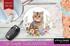 Floral Cat Car Coaster - Flowers Coaster PNG Sublimation Product Image 1