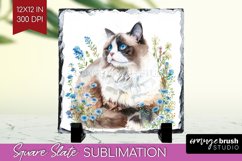 Floral Cat Slate PNG - Flowers Square Slate Sublimation Product Image 1