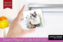 Floral Cat Magnet Sublimation - Flowers Square Magnet PNG Product Image 1